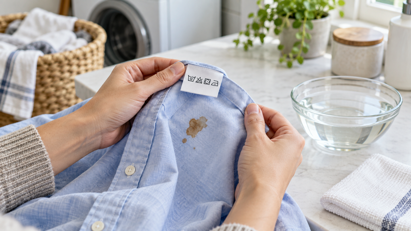 Hands hold a stained blue shirt and its care label at a laundry counter.